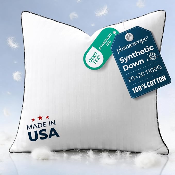 Phantoscope Synthetic Down Pillow Insert - 20x20 Down Alternative, Ultra Soft Large Square Throw Pillow with 100% Cotton for Couch Sham, Bed Sleeping (White, Set of 1) Made in USA