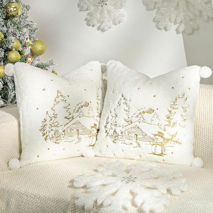 Lewondr Christmas Throw Pillow Cover, 18x18 Inch, Set of 2, White | Soft Faux Fur, Plush Ball, Embroidered Tree House Snowman, For Bed Home Decor Living Room