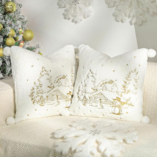 Lewondr Christmas Throw Pillow Cover, 18x18 Inch, Set of 2, White | Soft Faux Fur, Plush Ball, Embroidered Tree House Snowman, For Bed Home Decor Living Room
