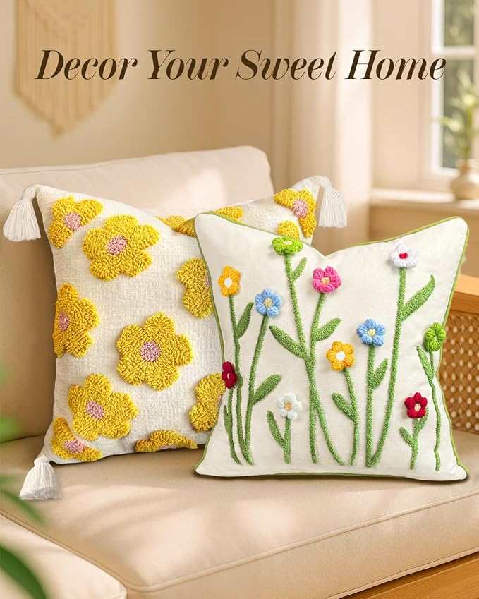 Throw Pillow Covers 18x18 - Tufted Decorative Pillow Cover with Zipper for Couch Sofa Bed Living Room Aesthetic Cute Soft Spring Summer Farmhouse Indoor Pillowcase, Colorful Floral