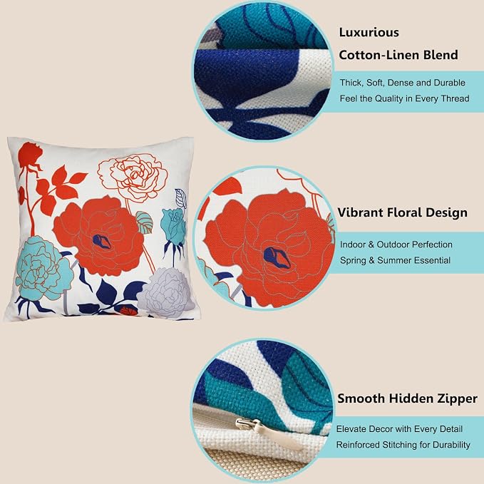 Burnt Orange Floral Pillow Cover 20x20 Set of 2 Thick Cotton Linen | Durable Thick Cotton Linen Material, Soft Breathable Floral Decor, Suitable For Spring Summer Couch Bed & Outdoor Patio Porch