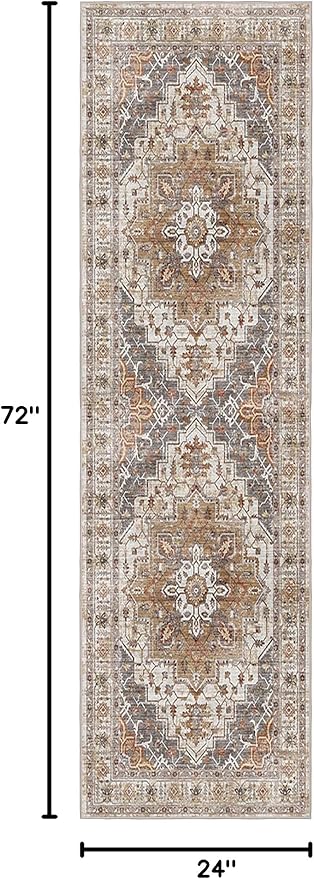 Madane Washable Runner Rug 2x6 Runners for Hallways Non Slip, Turmeric/Grey | Vintage Stain-Resistant 6 Feet Kitchen Rug, Soft Low-Pile Ultra-Thin Floor Carpet Mat for Bathroom Laundry Room Bedroom 2x6ft