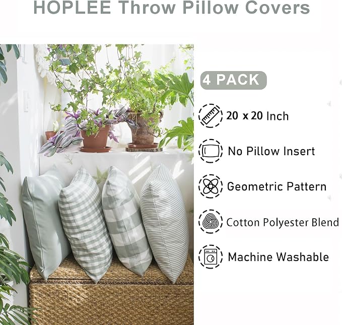 HOPLEE Farmhouse Sage Green Summer Pillow Covers 20x20 Cushion Cover with Buffalo Plaid, Solid Sage Green, Striped and Gingham Plaid Design 20x20 inch,4 Pack