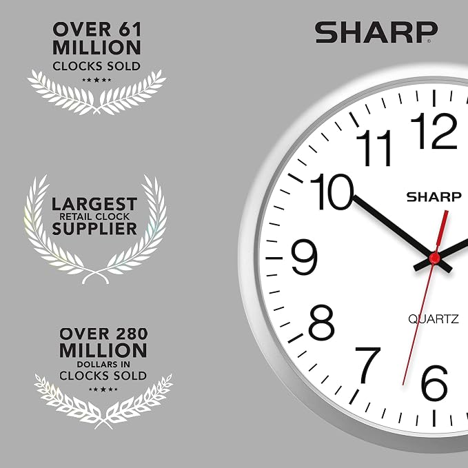 Sharp Wall Clock – Silver, Silent Non Ticking 14 Inch Quality Quartz Battery Operated Round Easy to Read Home/Kitchen/Office/Classroom/School Clocks, Sweep Movement (Pack of 2)