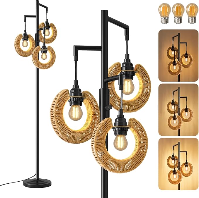 OYEARS 70" Boho Floor Lamps for Living Room, Stepless Dimmable Rattan Floor Lamp, Farmhouse Tall Lamps for Bedroom, Standing Tree Lamp for Office, Nursery, Rotary Switch, 3 LED Bulbs Included, Black
