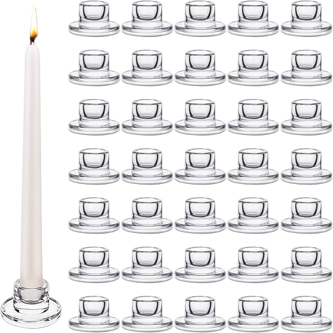 36 PCS Glass Taper Candle Holders Bulk Candlestick Holders Clear Short Tapered Candle Stick Holder Decor Set for Table Centerpiece Wedding Party Advent Christmas Home Decorations (36, Clear)