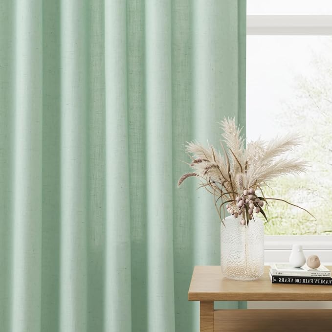 Aqua Green Linen Curtains 84 Inches Long 2 Panel Set Rod Pocket Semi Sheer Dining Room Cozy Bedroom Decor Cotton Look Country Rustic Farmhouse Boho Curtains 52x84