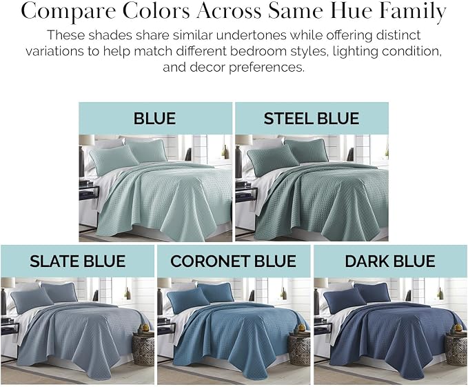 Southshore Fine Living, Inc. Summer Quilt King Size Bedding Set with 2 Pillow Shams, Lightweight Bedspreads King Size, Blue Coverlet Quilted Bedspread, Pet Hair Resistant Bedding, Coronet Blue Quilt