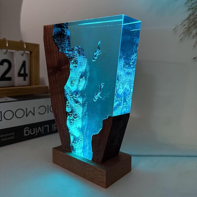 Scuba Diving Resin Ocean Lamp, Handmade RGB Resin Night Light with Wooden Base,Scuba Gifts for Women & Men, Ocean Lover Collectibles, Unique Birthday Gifts for Him & Her(M 8" x5”)
