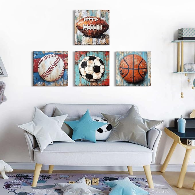 Sports Wall Decor Kids Playroom Art Soccer Basketball Football Baseball Pictures for Nursery Boys Bedroom Vintage Canvas Prints Colorful Sports Posters Balls Artwork Bathroom Home Decoration 12x12" 4P
