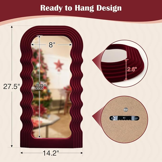 Wine Red Mirror Wall Decor for Vintage Living Room Bedroom,14x28 | Soft Flocking Touch,Decorative Mirror for Entry Porch Staircase,Retro Modern Hanging Wall Art Gift for Grandma Mom Sister