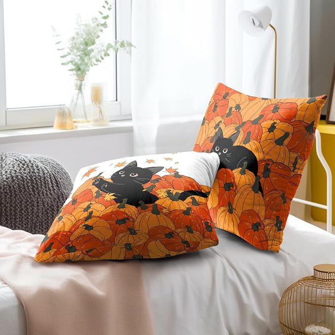 Fall Black Cat Throw Pillow Cover 20X20 Inch Set of 2 Autumn Pumpkins Maple Leaves Outdoor Pillow Cases Thanksgiving Harvest Farmhouse Square Cushion Cover for Sofa Porch Patio Home Decoration