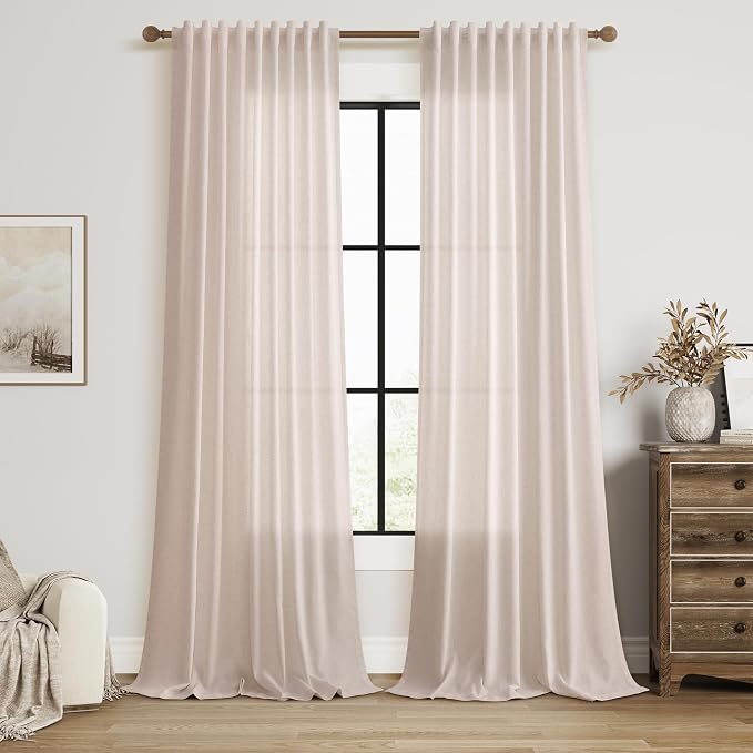 Linen Curtains 96 Inches Long for Living Room Back Tab Semi Sheer Floor to Ceiling 8ft Light Filtering Curtain Boho Farmhouse Decor Window Drapes for Bedroom 52x96 2 Panels Natural White