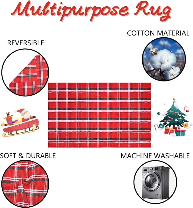 Christmas Red Green White Plaid Rug 8x10 ft, Extra Large Cotton Hand-Woven Buffalo Check Area Rug for Living Room, Bedroom, Patio, Christmas Holiday Farmhouse Decor, Washable Outdoor Indoor Carpet