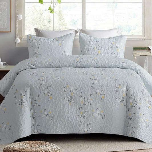 Exclusivo Mezcla Reversible Boho Quilt King Size Light Blue | Lightweight Soft Bedspreads, All Season Flowers Coverlet Bedding Set, Printed Floral Pattern, 1 Quilt and 2 Pillow Shams