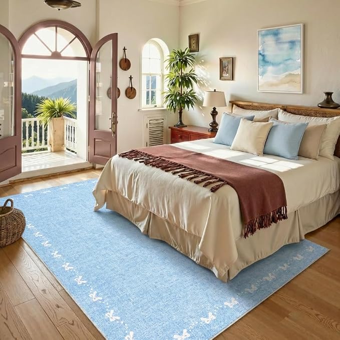 COZYLOOM 5x7 Bow Printed Washable Rug for Entryway Indoor, Modern Bordered Living Room Rug with Non Slip Backing, Stain Resistant Non Shedding Solid Color Area Rugs for Bedroom, Dining Room, Blue
