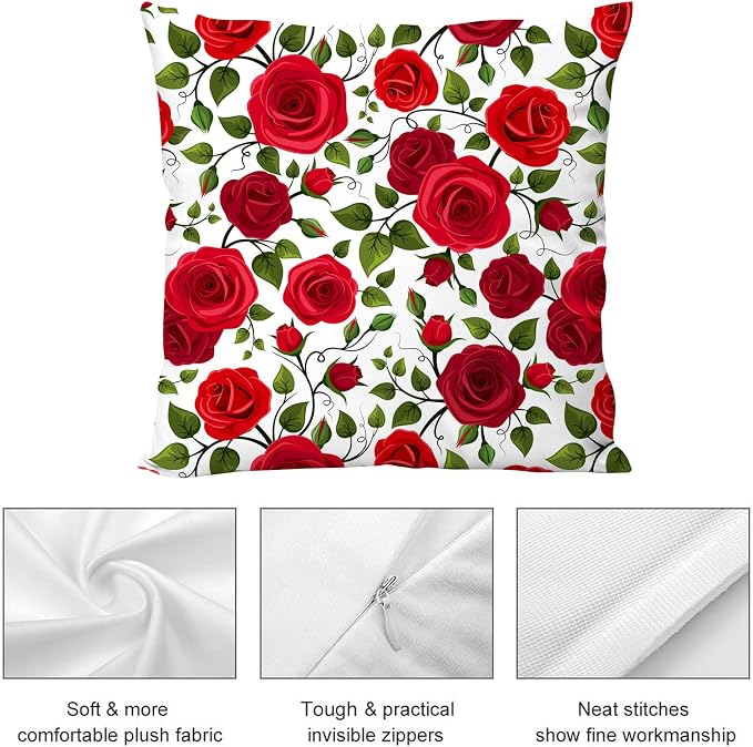 Red Rose Throw Pillow Covers 18"x18" Set of 2, Red Decorative Pillow Cases for Couch Sofa Chair Office Living Room Bedroom Decor Outdoor Pillowcase