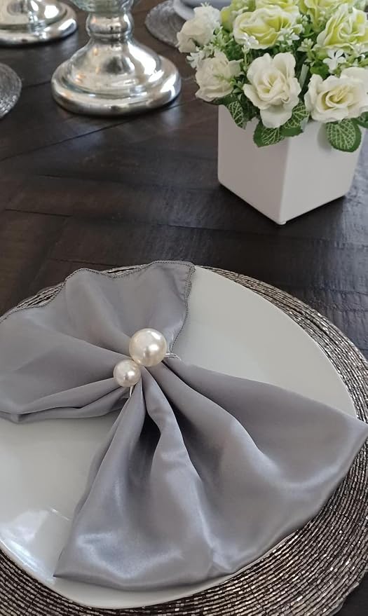 Kesote Pearl Napkin Rings Set of 6, Silver Napkin Wraps | Napkin Holder Rings, Formal or Casual Dining, Table Decor