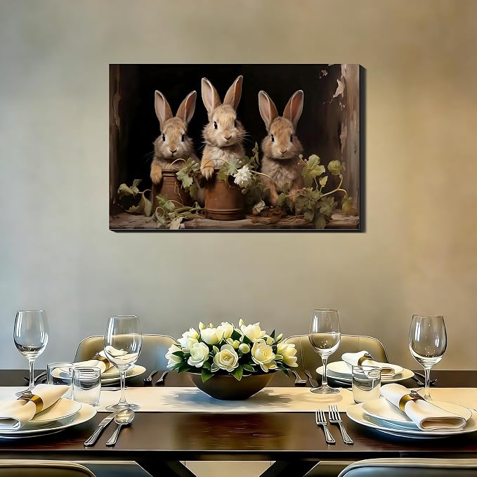 Farmhouse Easter Bunny & Floral Canvas Art 16x24, Rustic Rabbit Poster Prints Wall Decor for Bathroom, Living Room, Home Office, Bedroom, Spring Bunny Wall Art Holiday Decoration