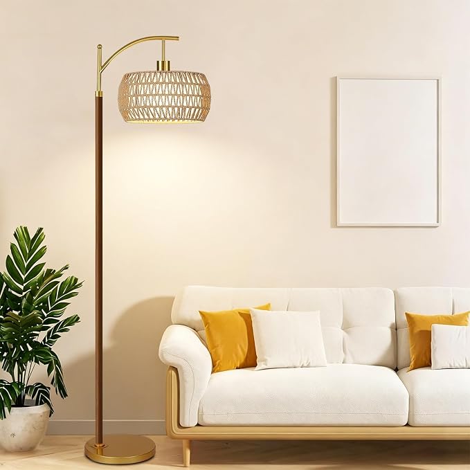 AHDWDW Arc Gold Floor Lamp for Living Room with Remote,Farmhouse Boho Floor Lamps with Timer,Rustic Standing Lamp with Hand-woven Rattan Wicker Shade and Fabric,Adjustable Tall Lamp for Bedroom,Corner