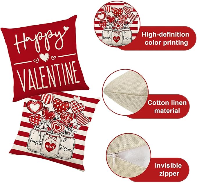 ONFAON Valentines Day Decorations- Throw Pillow Covers 18x18 in Set of 4，Love Heart Pillow Covers Farmhouse Valentines Day Decor for Couch Home Outdoor