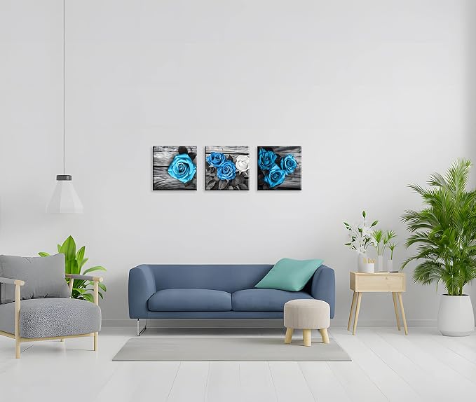 NAN Wind Blue Wall Decor for Living Room Blue Bathroom Accessories Black and White Canvas Wall Art Blue Rose Pictures Bedroom Decor Modern Painting Kitchen Home Decorations 14x14 3 Pcs/Set