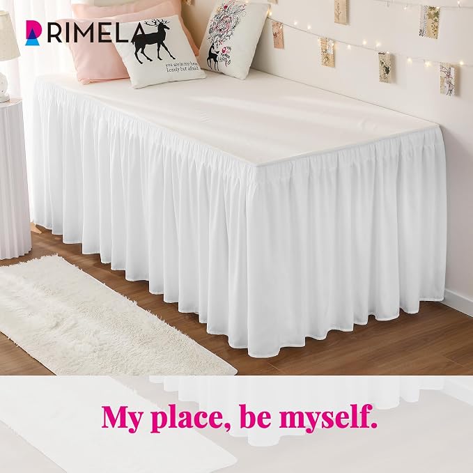 Dorm Bed Skirt Twin XL 36" Drop, College Dorm Room Essentials, White | Solid ruffled, Wrap-around/elastic, Wrinkle & Fade resistant, with Adhesive Strips, Gift Packed, Machine Wash/Tumble Dry/Iron