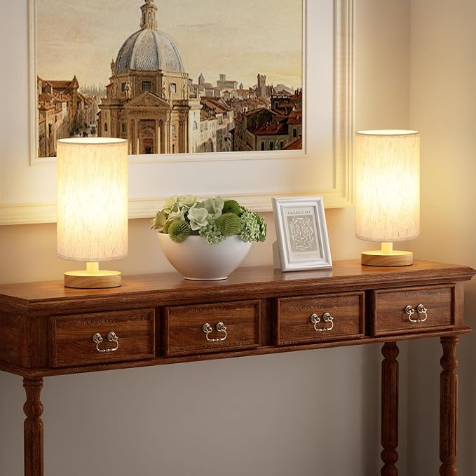 Fenmzee Small Lamps Set of 2 (Cream Shade - Wood Base, 9" Inline Control)