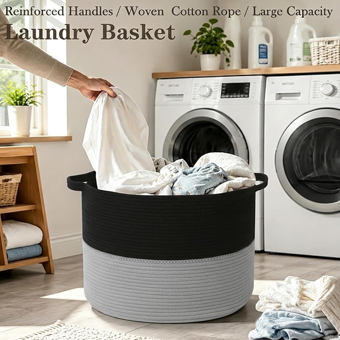 90L Large Blanket Basket,Woven Laundry Basket-Black&Light Grey | Collapsible, reinforced handles, nursery storage bin organizes clothes, toys and pillows for living room, bedroom bathroom