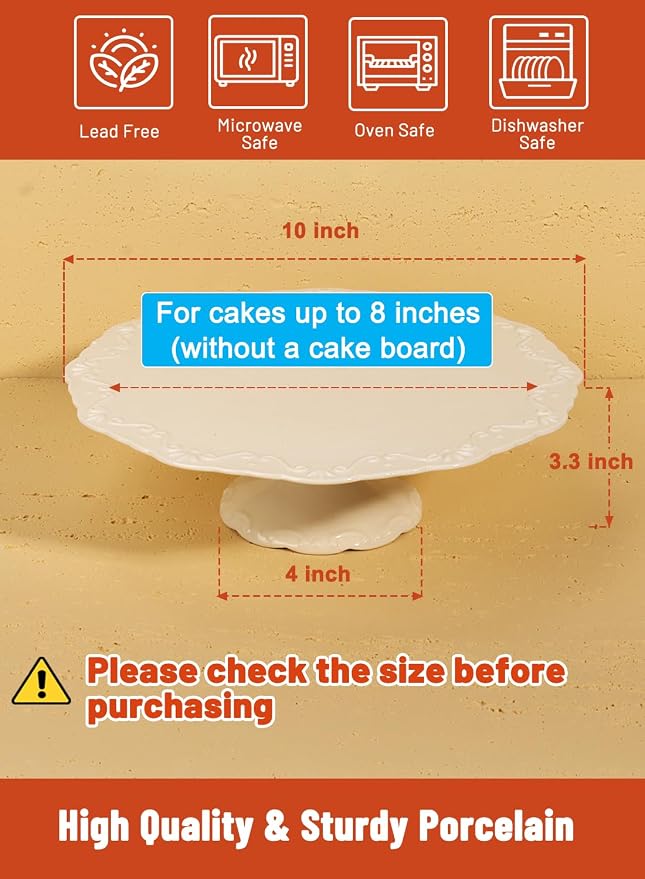 10" White Cake Stand for 8" Cake, Porcelain Cake Plate, Cake Pedestal Stand, Round Dessert Stand, Wedding Cake Stand for Party, Birthday, Baby Shower, Christmas, Mother's Day, Home Decorating Cake Display Stand