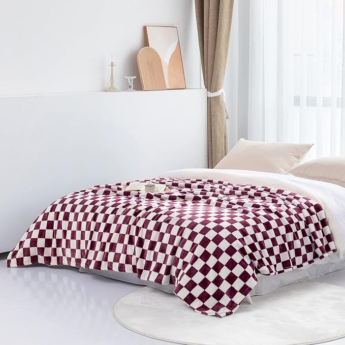 LOMAO Throw Blankets Flannel Blanket with Checkerboard Grid Pattern Soft Throw Blanket for Couch, Bed, Sofa Luxurious Warm and Cozy for All Seasons (Burgundy, 60"x80")