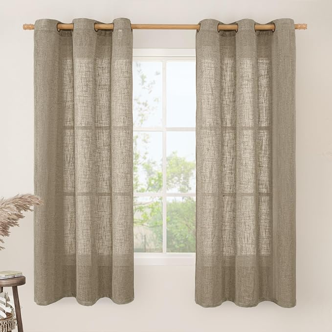 Taupe Semi Sheer Linen Curtains 63 Inch Length 2 Panels, 34 x 63 Inch | Light Filtering Bedroom Curtains, Linen Textured, Country Decor, Drapes for Windows, Living Room, Bronze Grommet Panels