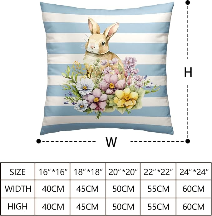 Blue and White Stripes Easter Pillows Decorative Throw Pillow Covers Flowers Colorful Eggs Bunny Pillow Cases 20 x 20 Set of 2 Spring Decoration for Indoor Living Room