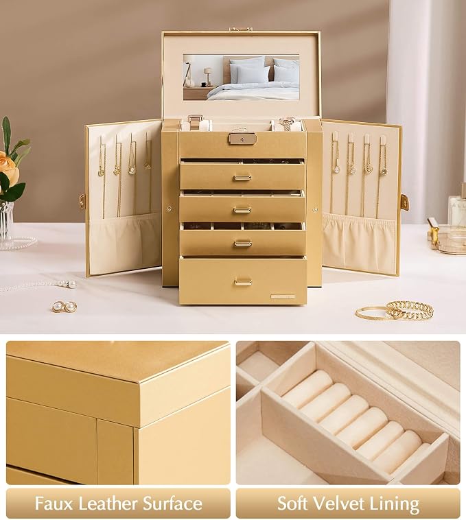 Homde Large Jewelry Box for Women: 5-Layer Organizer with Lock for Dresser | Separated Storage for Necklace Earring Ring Watch to Sort Daily Jewelry - Keep Vanities Tidy - Suitable for Birthday Gift