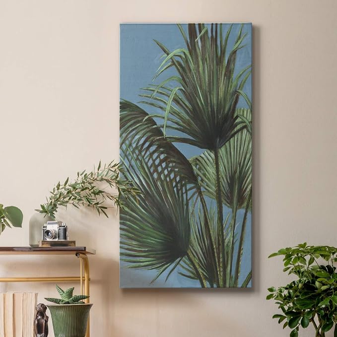 Renditions Gallery Canvas Nature Wall Art Home Paintings & Prints Elegant Green Palms Modern Glam Romantic Botanical Artwork Decorations for Bedroom Office Kitchen - 12"x24" LT43