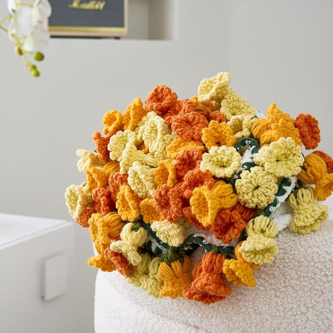 Crochet Flower Bouquet Throw Blanket, Handmade Knitted Blanket with Flowers, Cute Romantic Gift for Her Girlfriend Mom Mother’s Day Valentine Wedding Anniversary Birthday, Orange 40 Inches