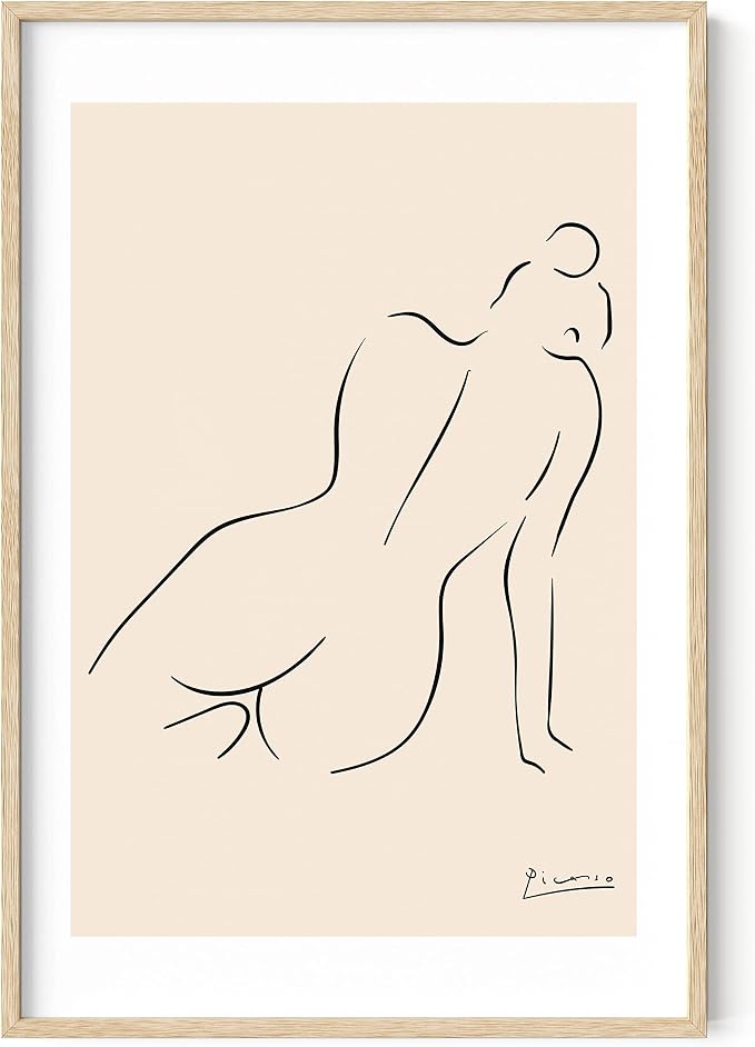 HAUS AND HUES Picasso Line Drawing Poster - Pablo Picasso Abstract Woman Wall Art, Woman Silhouette Minimalist Line Art. Female Figure Wall Print (Beige Frame, 24x36)