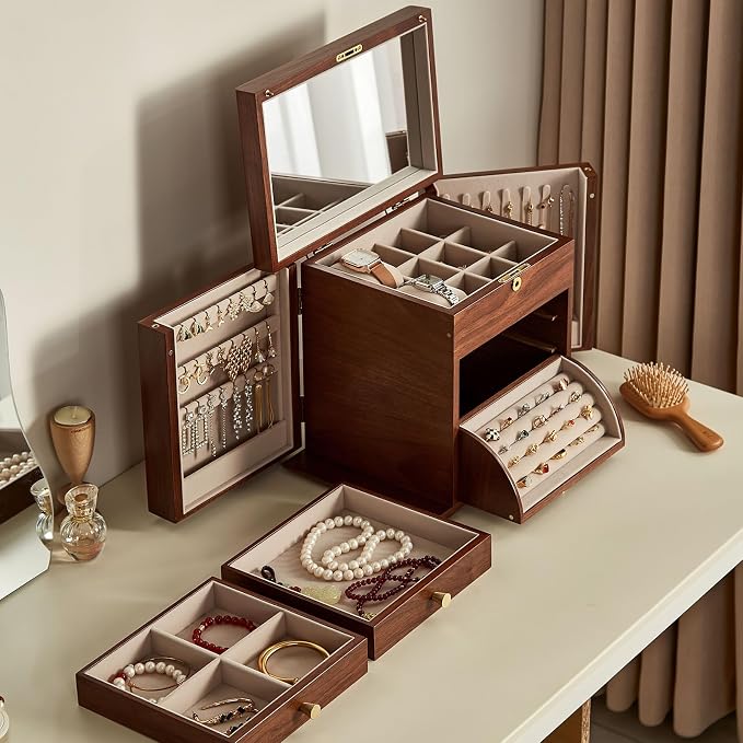 CHOSIN Black Walnut Wooden Jewelry Box for Women with Lock, Mirror, 4 Layer | Locking wity Key, 2 Drawers, Rotating Ring Holder, 2 Side Doors, Large Capacity for Necklaces, Earrings, Rings, Women Gifts