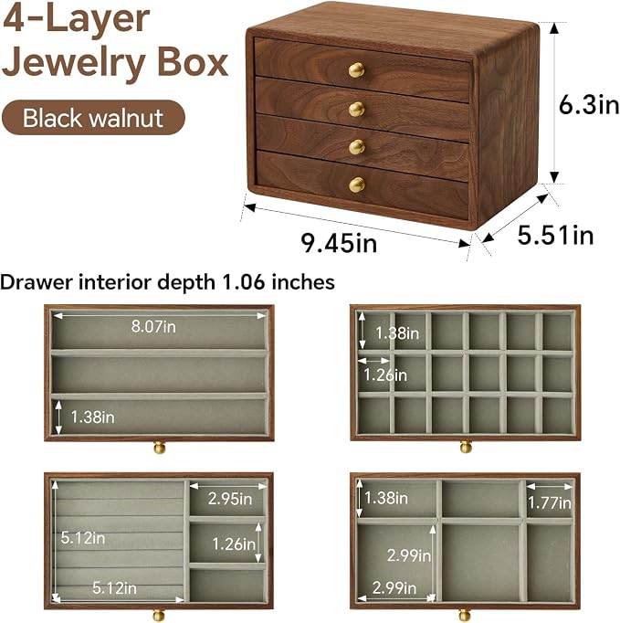 Wooden Jewelry Box for Women Men, 4 Drawers | Velvet Lined Organizer, Large, Solid Black Walnut Brass Handles, For Rings, Necklaces, Earrings