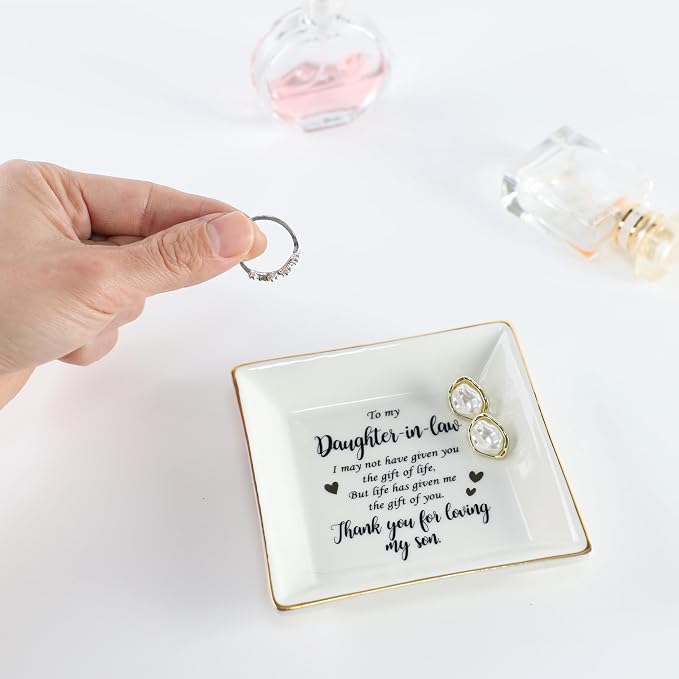 HOME SMILE Mothers Day Gifts for Daughter in Law Ceramic Ring Jewelry Dish Tray Plate for Birthday Christmas Valentines Wedding-Thank You for Loving My Son