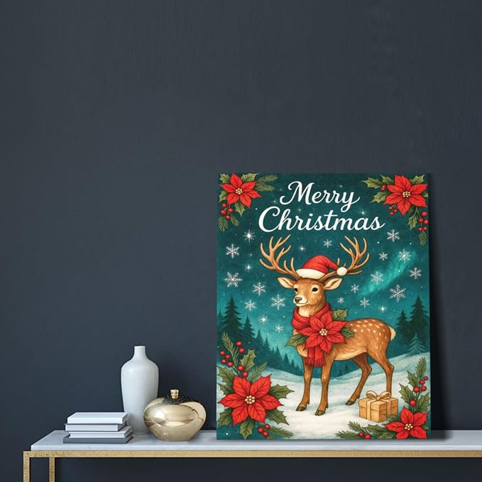 Reindeer Merry Christmas Wall Art Winter Reindeer Deer Poinsettia Canvas Wall Decor Elk Pictures Painting Print Framed Artwork Decorations Gifts for Living Room Bedroom Office 16"x20"