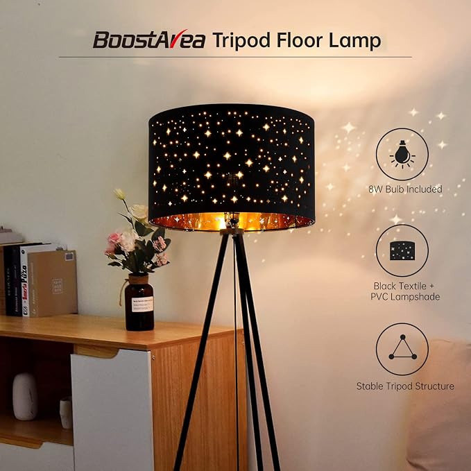 BoostArea Floor Lamp, Tripod Floor Lamp, 8W LED Bulb, Decorative Lamp Shade, Mid Century Standing Lamp for Living Room, Bedroom, Study Room and Office