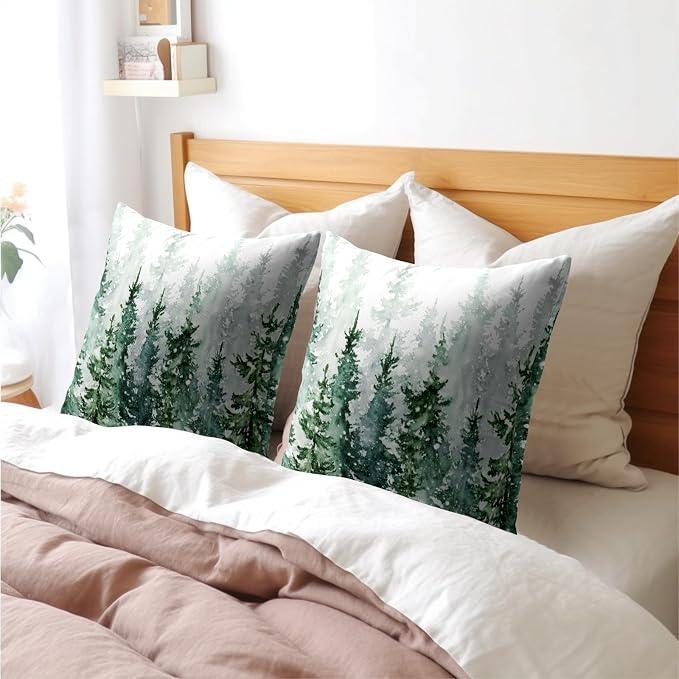 Winter Forest Pillow Covers 22x22 Inch 2Pcs Watercolor Green Misty Pine Tree Nature Landscape Throw Pillows Cover Mountain Square Cushion Cover for Home Sofa Patio Living Room