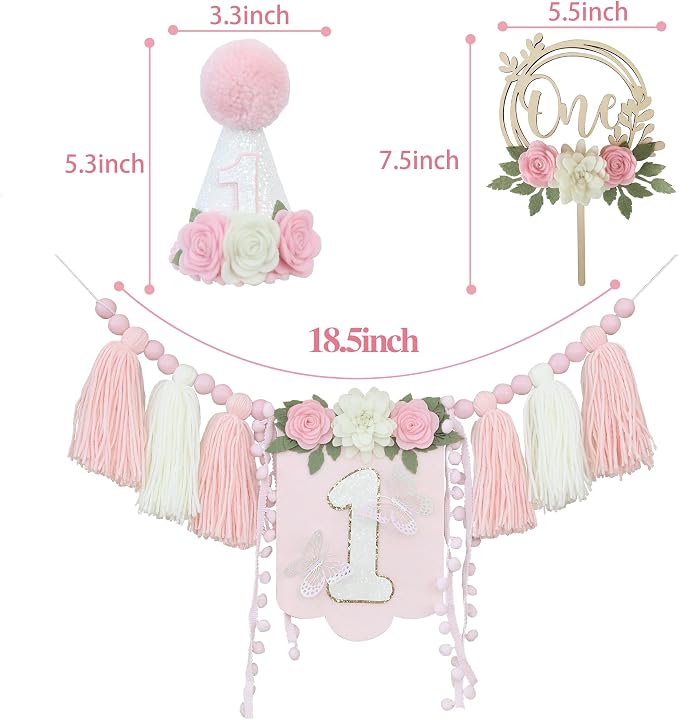 JUIIZAY Pink Flower First Birthday Party Decorations for Girl Butterfly Highchair Banner Hat One Floarl Cake Topper 1st Party Decor