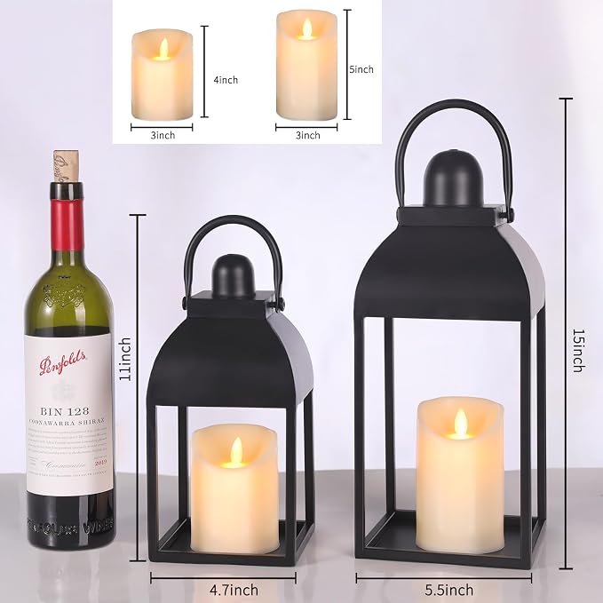 Lanterns Decorative Indoor 15" 11" Set of 2 Black Metal Lantern with Candle | Glass-free Decorative Lanterns with Candles and Remote Control, Outdoor Lanterns for Porch Patio Wedding Mantle Home Decor