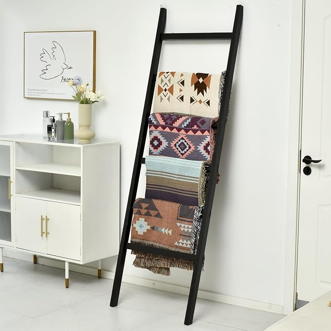FUIN Blanket Ladder, 24in Wide Rustic Solid Wood Decor Rack, Black | 6.4 ft high and 6 rungs, farmhouse quilt display holder, organize towel and scarf, leaning wall, bathroom and living room use