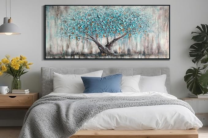 Arjun Framed Blue Tree Extra Large Tree of Life Canvas Wall Art 71"L x 32"W | Bedroom Hand Painted Textured Painting Living Room Nature Picture Oversize Panoramic Landscape Artwork Home Office Wall Decor