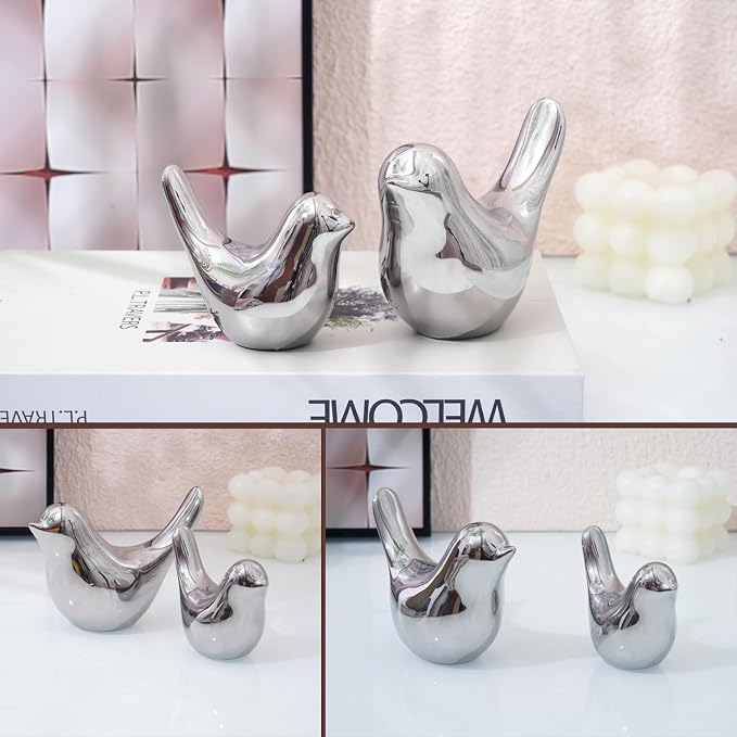 2 Pcs Ceramic Small Bird Figurines Modern Animal Statues for Home 、Room Decor and Bedroom Decor and Bookshelf Display (Silver)