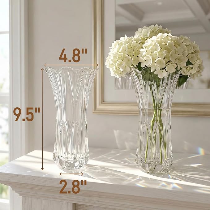 Pumtus 2 Pack Glass Flower Vases, 9.5 Inch Thickened Clear Phoenix Tail Vase, Decorative Modern Plant Vase for Centerpieces, Home Decor, Wedding, Party, Office