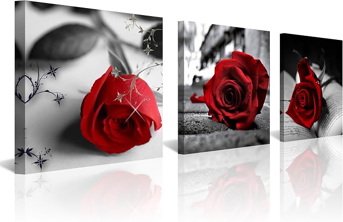 NAN Wind Canvas Print 3 Pcs Black and White Red Rose Canvas Art Painting Abstract Wall Art Decorations Flower Picture on Canvas for Home Decor Stretched and Framed (14X14inchX3pcs, A-Rose)